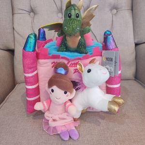 Princess Castle Plush 4 piece set Dragon Princess Unicorn and Castle Toy NWT